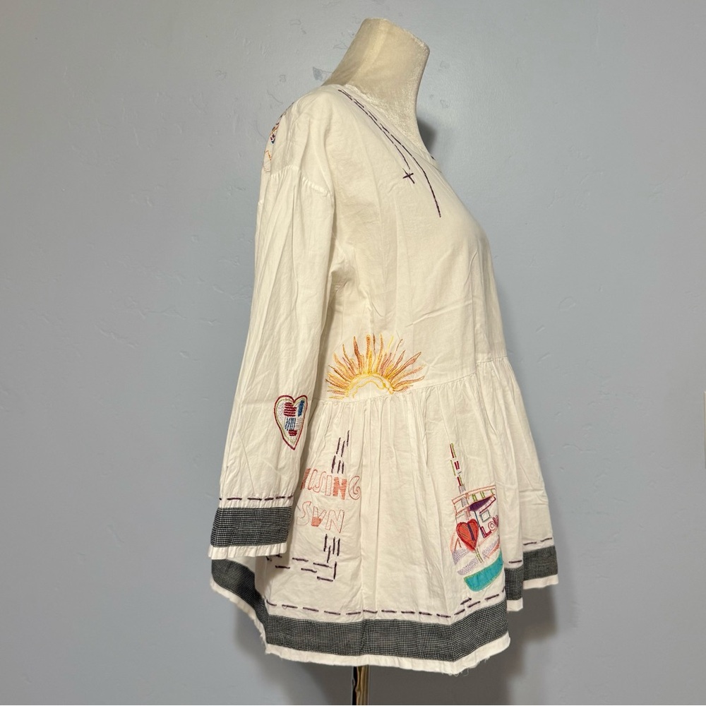 Holding Horses White Cotton Blouse with Colorful Embroidery Boho Hippie - Picture 4 of 13